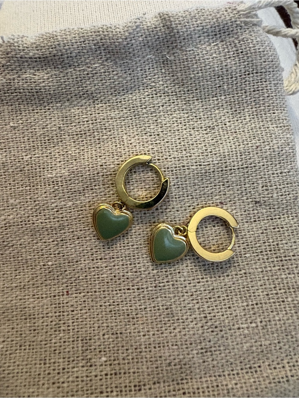 Gold Hoop Earrings with Green Heart Charm